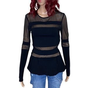Nicole Miller Womens Mesh Panel Peplum Top XS (P) Black Fitted Long Sleeve